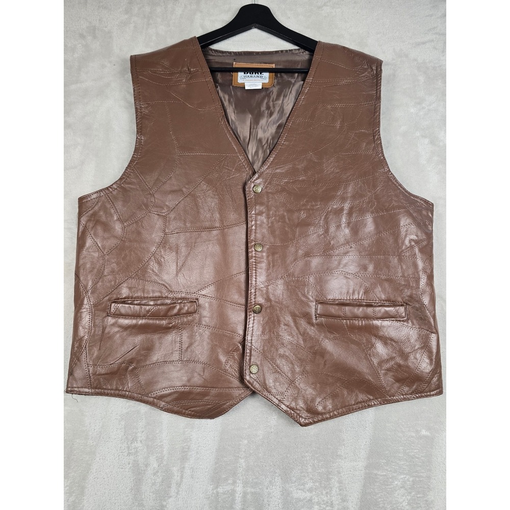 Duke Haband Leather Vest Mens XL Brown Patchwork Snap Front V-Neck Lined